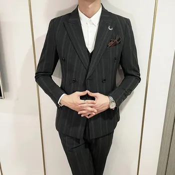 Boutique vyrų (kostiumas + kelnės) 2023British verslo mada gražus plonas vientisa spalva groomsmen kostiumas trijų dalių rinkinys