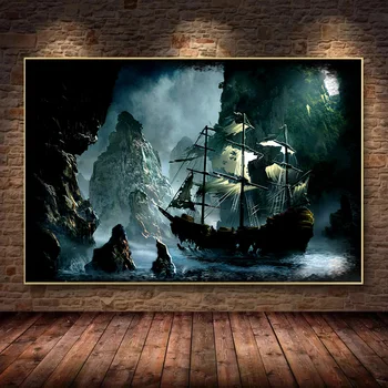 Derliaus Piratų Laivas Juoda burlaivis Marina Drobės Tapybos Plakatai ir Spausdina Laivo Freskomis, skirtą Kambarį Namuose Apdaila