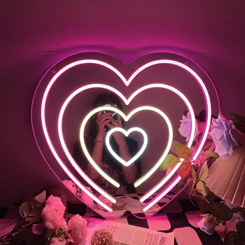 Dvigubo Širdies Formos Veidrodis Neoninis Ženklas, Rožė Raudona LED Neon Light USB Powered Šviesos Pasirašyti už Miegamojo Sienų Dekoras Sienos Naktį Šviesos