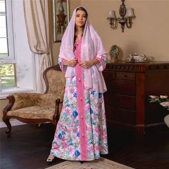 Eid Ramadanas Gėlių Spausdinti Abaja Mubarakas Djellaba Musulmonų Moterų Suknelė, Hijab Kaftan Arabų Skraiste Dubajus Turkija Caftan Suknelė Jalabiya