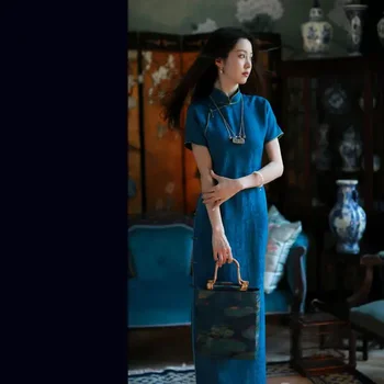 Elegantiškas Tamsiai Mėlyna Nacionalinis Charakteris Apykaklės Ilgai Cheongsam Qipao Vêtements Traditionnels Chinois Femme Motinos Diena Dovanos Suknelė