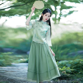 Elegantiškas Vasaros Veiklos Podiumo Šou, Žalia Pagerėjo Qipao Sijonas Kinų Stiliaus Sagtis Šviežių Tango Kostiumas Hanfu Suknelė Moterims