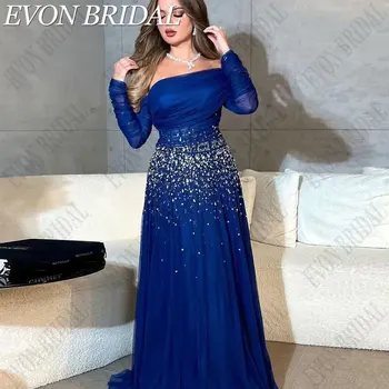 EVON NUOTAKOS kalnų krištolas Valtis Kaklo Prom Chalatai-Line Royal Blue Vakaro Suknelės Šifono Visą Rankovėmis Atgal Nėrinių vestidos de gala