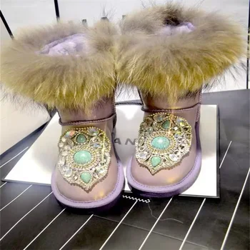 Fox plaukų batai Vertus užsakymą žiemos plius fleece šilti batai reino-gręžimo grandinės kailio vieną batą moters 35-40