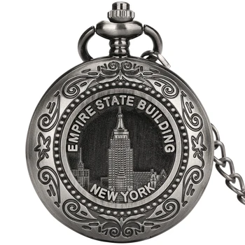 Garsaus niujorko Empire State Building Design Kvarco Kišenėje Žiūrėti Steampunk FOB Grandinės Karoliai Pakabukas Laikrodis Pateikti Vyrams Panele