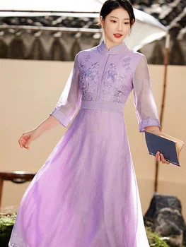 High-end Pavasario Vasaros Kinų Stiliaus Qipao Moterims, Elegantiška Siuvinėjimas Cheongsam Lady Šalis Suknelė Moterų S-XXL