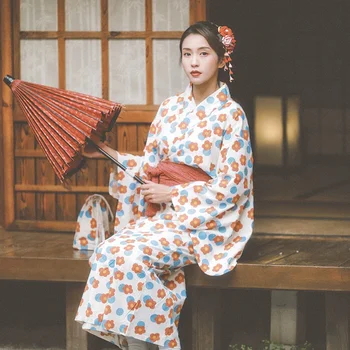 Japonų Medvilnės Stovėti Apykaklės, Raudonos, Mėlynos Spalvos Gėlių Spausdinti Kimono Megztinis Diržas Moterų Pagerėjo Kawaii Medvilnės Pižama Azijos Streetwear