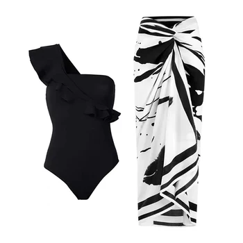 Juoda Vieną Petį vientisi maudymosi kostiumėlį pasirinkti Šifono Ritininės Paplūdimio Sijonas Seksualus Susiėmę High Waisted Bikini Moterims iki 2023 m. maudymosi Kostiumėliai