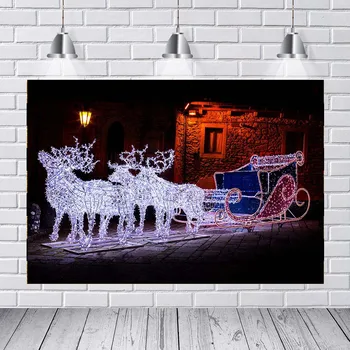  Kalėdinė girlianda šiaurės elnių pasivažinėjimas gatvėje naktį šviesos kotedžas Fone Vinilo audiniu Kompiuteris spausdinti šalis foto fonas