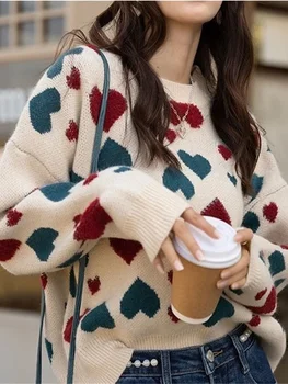 Korėjos Mielas Širdies Megzti Megztinis Moterims 2023 Žiemos Trumpas O-kaklo Puloveriai Pagrindinio Minkšti, moteriški Megztiniai su Modelio Džemperiai