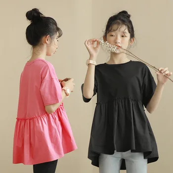 Korėjos Stiliaus Merginos Laisvi Marškinėliai Trumpomis Rankovėmis Mini Suknelė Apvalios Kaklo Kratinys Viršūnes Tees Juoda Rausva Vaikams Drabužių