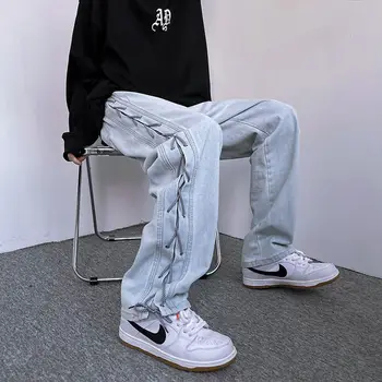 Kryžiaus Juostelė Jeans vyriški Baggy Dizaineris Džinsinio audinio Kelnės Mados Y2K Gotikos Streetwear korėjos Drabužių Vyrų Kelnės