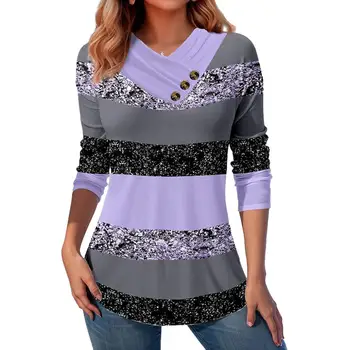 Lady T-shirt Colorblock Mygtuką Dekoro 3d Spausdinimo ilgomis Rankovėmis Soft Plus Size Vidurio Ilgio Megztinis Moterų Rudenį, Pavasarį Viršuje V Kaklo