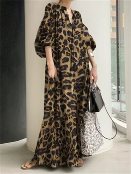 Mados Spausdinti Maxi Suknelė Moterims Leopard Sundress Vasaros Sluoksniuotos Rankovėmis Ilgai Vestidos Moterų V-Kaklo Negabaritinių Skraiste