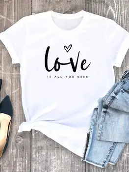 Meilės Laišką Stiliaus Tendencijos trumpomis Rankovėmis Spausdinti marškinėliai Drabužių Moterims T Drabužius Ponios Atsitiktinis Mados Moterų Grafinis Tee