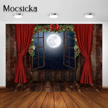 Mocsicka Retro Rudos spalvos Langas, Medinės Sienos Kalėdų Backdrops Fotografijos Žvaigždėtas Dangus Naktį Kalėdų Portretas Fone