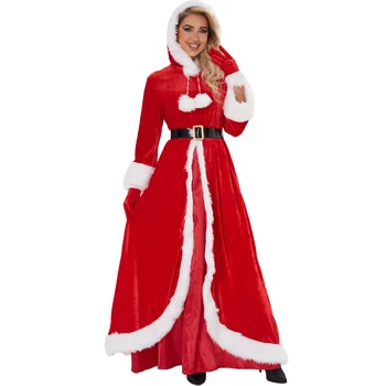 Moteriški Kalėdų Suknelė Kalėdų Išvakarės Naujųjų Metų Šaliai Santa Claus Cosplay Kostiumas ilgomis Rankovėmis Aksomo Maxi Suknelės su Diržu Pirštinės