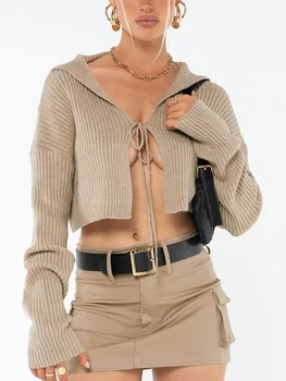 Moteriški Megztiniai Megztinis ilgomis Rankovėmis, Kaklaraištis-iki vientisos Spalvos Rudenį Ponios Pasėlių Viršuje Y2K Streetwear