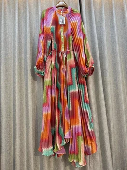Moterų Elegantiškas Spausdinti Plisuotos Sluoksniuotos ilgomis Rankovėmis Slim Suknelė Vintage O-kaklo Suknelė Moterų korėjos Mados Rudenį Naujų 2023