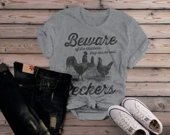 Moterų Juokingi Derliaus Vištienos T-Shirt Saugokitės Viščiukų Peckers Marškinėliai Ūkininkavimo ilgomis rankovėmis Tee