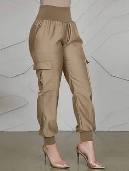 Moterų Kelnės Pavasario Mados Kišenėje Dizainas Elastingos Juosmens Atsitiktinis Aukšto Juosmens vientisos Spalvos Sporto Manžetai Krovinių Kelnės Y2K Streetwear