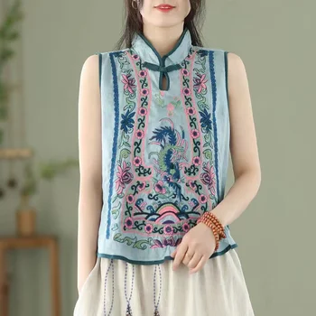 Moterų Liemenė Kinijos Retro Stiliaus Siuvinėjimas Medvilnės Skalbiniai Kinijos Tradicinės Puloveris Ponios Vasaros Išskirtinį Stovėti Apykaklės Viršaus