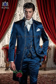 Mėlyna Satino Vyrų Kostiumai, Vestuvių italų Stiliaus Derliaus Siuvinėjimo Tailcoat Jaunikis Tuxedos Nuolatinis Apykaklės Kostiumas Homme Mariage