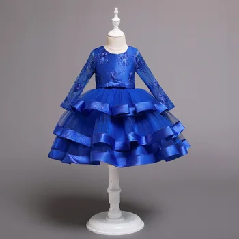 Naujas O-Kaklo Nėrinių Ilgomis Rankovėmis Royal Blue Flower Girl Dress Vestuvių Priėmimo Chalatai Tiulio Tutu Gimtadienio Suknelės