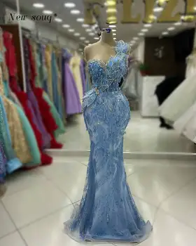 Oficialų Ilgai Blue Undinė Vakaro Suknelės 2024 Plunksnos Zawalcowany Sparkle Vestuves Chalatai Elegantiškas Moterų Prom Vestidos