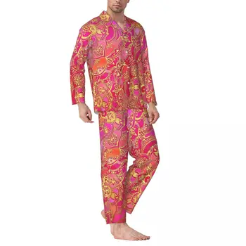 Pižama Vyriška Aukso Mandala Dienos Sleepwear Baroko Gėlių Spausdinti 2 Vnt Atsitiktinis Pižama Nustatyti Ilgomis Rankovėmis, Negabaritinių Namų Kostiumas
