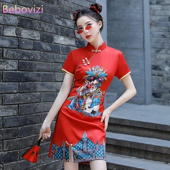 Plus Size Kinų Stiliaus Pagerėjo Raudona Cheongsam Suknelės 2022 Vasaros Atsitiktinis Trumpas Rankovės Naujus Midi Suknelė