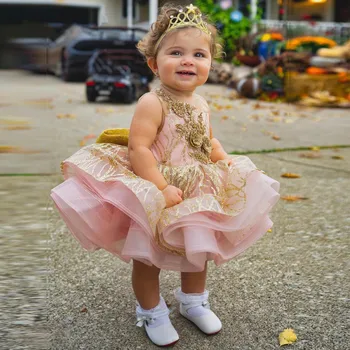 Prabangūs Blizgučiai Vaikai Šalis Suknelės Sluoksniai Kamuolys Suknelė Mergaitė Princesė Suknelė Gėlių Appliques Baby Girl Dress
