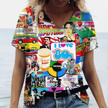 Retro Plakato Grafinis Atspausdintas Marškinėliai Moterų V-Kaklo Trumpomis Rankovėmis T-Shirt Viršuje Vasaros Mados Streetwear Atsitiktinis Moterų Drabužiai