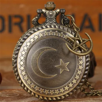 Retro Turkijos Vėliavos Dizainas Antikvariniai Kvarco Kišenėje Žiūrėti Karoliai Pakabukas Grandinės Vyrams, Moterims Moon Star Aksesuaras Laikrodis reloj