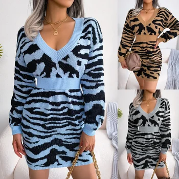 Rudenį ir žiemą, Europos ir Jungtinių valstijų mados tigras spausdinti žibintų rankovės juosmens megztinis suknelė