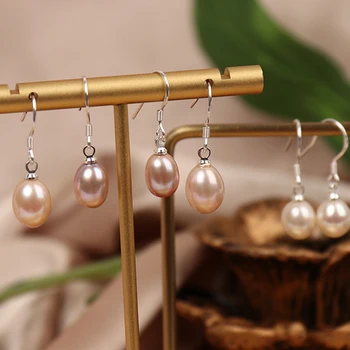 S925 sterlingas sidabro natūralių gėlavandenių perlų lašo formos ryžių karoliukai, 7mm paprasta auskarai ponios klasikinių modelių papuošalai