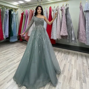 Sevintage Elegantiškas Duobute Blizgučiais Prom Dresses Vieną Petį-Line Saudo Arabų Vakare Chalatai Oficialų Šalis Suknelė