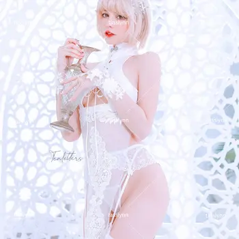 Sexy Little Fairy Cosplay Kostiumai, Balti Išsiuvinėti Nėriniai 2B Cheongsam Vestuvių Suknelė Cosplay Moterims