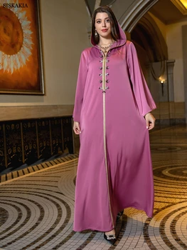 Siskakia Musulmonų Moteris Rytų Suknelė Dubajaus Prabanga Vakare Šalies Satino Suknelė Mados Duobute Ilgomis Rankovėmis Su Gobtuvu Kaklo Arabų Abaja