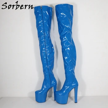 Sorbern Mėlyna Patentų Tarpkojo Šlaunų auliniai Batai Moterims 20cm Blokuoti Aukšto Kulno Platforma Žiemos Stiliaus Kryžiaus Odininkas Įkrovos Unisex Užsakymą