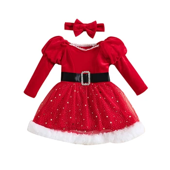 Vaikams Baby Girl Kalėdų Suknelės Bamblys Kalėdų Drabužius Ilgomis Rankovėmis Purus Raudona Princesė Suknelė, Lankelis Kalėdos Apranga 6 Mėnesių