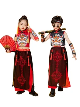 Vaikų Chinoiserie veiklos rūbų Modelis podiumo berniukų ir mergaičių klasikinė Kinija-Chic drabužius Mokinių veiklos zither