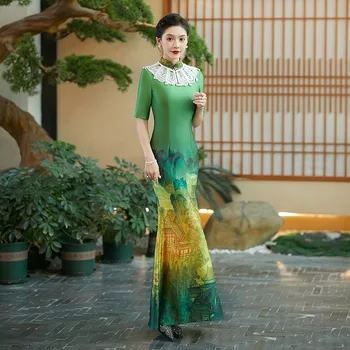 Vasaros Pagerėjo Žalia Spausdinti Cheongsam Moterų Elegantiškas Kinų Stiliaus Trumpomis Rankovėmis Aukštos Padalinta Undinė Qipao