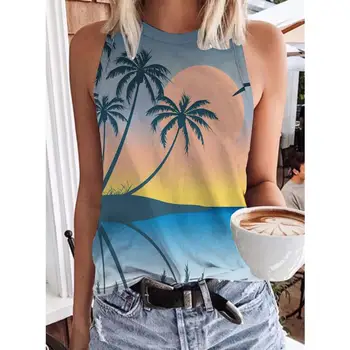 Vasaros Paplūdimio Kokoso Medžio 3D Spausdinimo tankų Moterų Streetwear Negabaritinių O-Kaklo Liemenė Išjungti Peties Rankovių Moteris Camisole