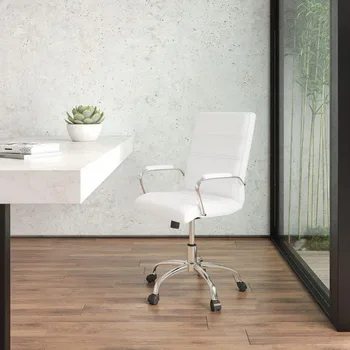 Vidurio Atgal, Stalas, Kėdė - Balta LeatherSoft Vykdomosios Pasukama Biuro Kėdė Su Chrome Frame Baldai Namų Kompiuterį Atsipalaiduoti