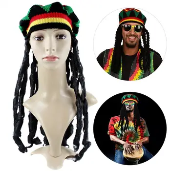 Vilnonių Mezgimo Reggae Skrybėlę, Vilnoniai Megzti Skrybėlę su Juoda Drei Perukas Etninės Stiliaus Reggae Beretė Helovinas Kostiumas Reggae
