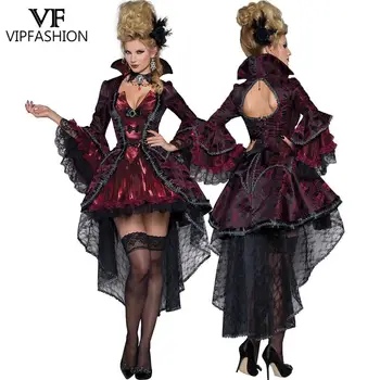 VIP MADA Moterims, Helovyno Cosplay Kostiumų Karnavalas Vampyrų Karalienė Ragana Dress Raudonos Nėrinių Šalis Suknelė Puras Rodyti Atostogų Apranga