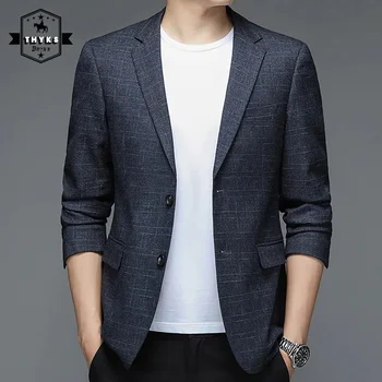 Vyrai Mėlynos Spalvos Pledas Švarkas Korėjos Stiliaus Slim Fit Atsitiktinis Striukė, Aukštos Kokybės Vieno Krūtinėmis, Paltai Elegantiškas Outwear 2024 Mados Madinga