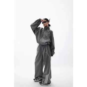 Y2K švarkelis chalatą su gobtuvu kostiumas įgūdžių stiliaus 2000 korėjos gatvės kostiumas hip-hop ilgomis rankovėmis megztinis kailis