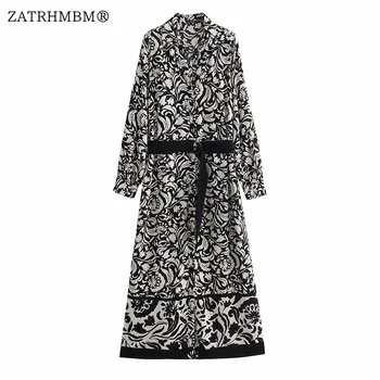 ZATRHMBM Moterų 2023 Rudens Mados Elegantiškas Spausdinti Vintage Suknelė ilgomis Rankovėmis Su Diržu Prašmatnus Moterų Paplūdimio Atostogų Vestidos